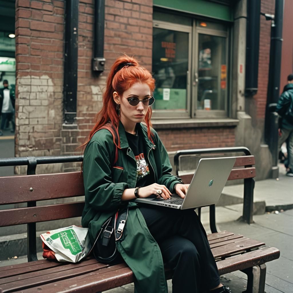 Woman with Laptop in Cityscape: 1990s Cinematic Style