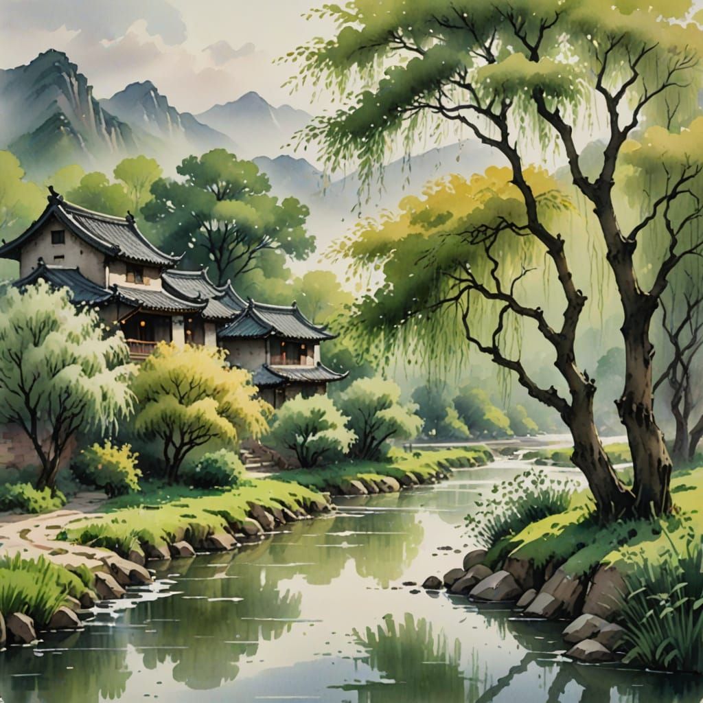 Chinese countryside, spring, spring rain, willow trees, small rivers
