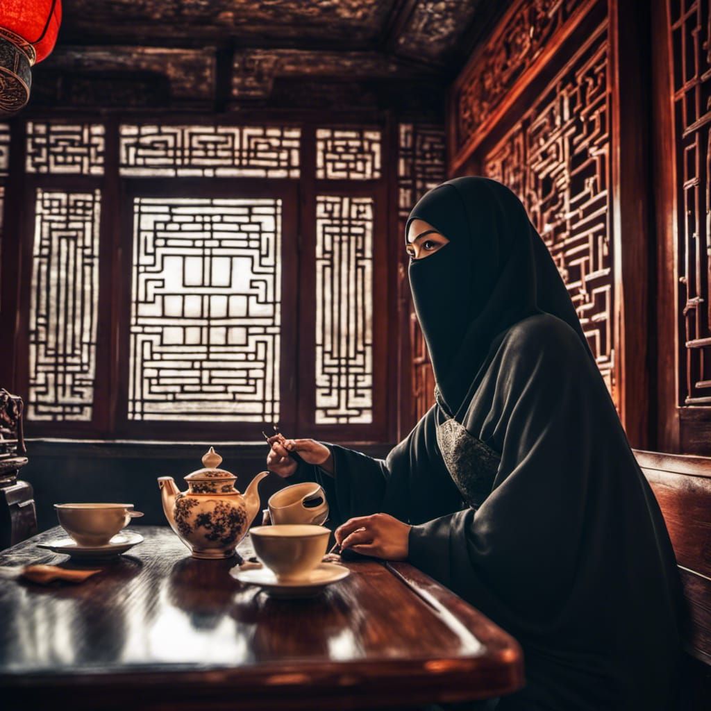 Niqab Woman in Chinese Tea House