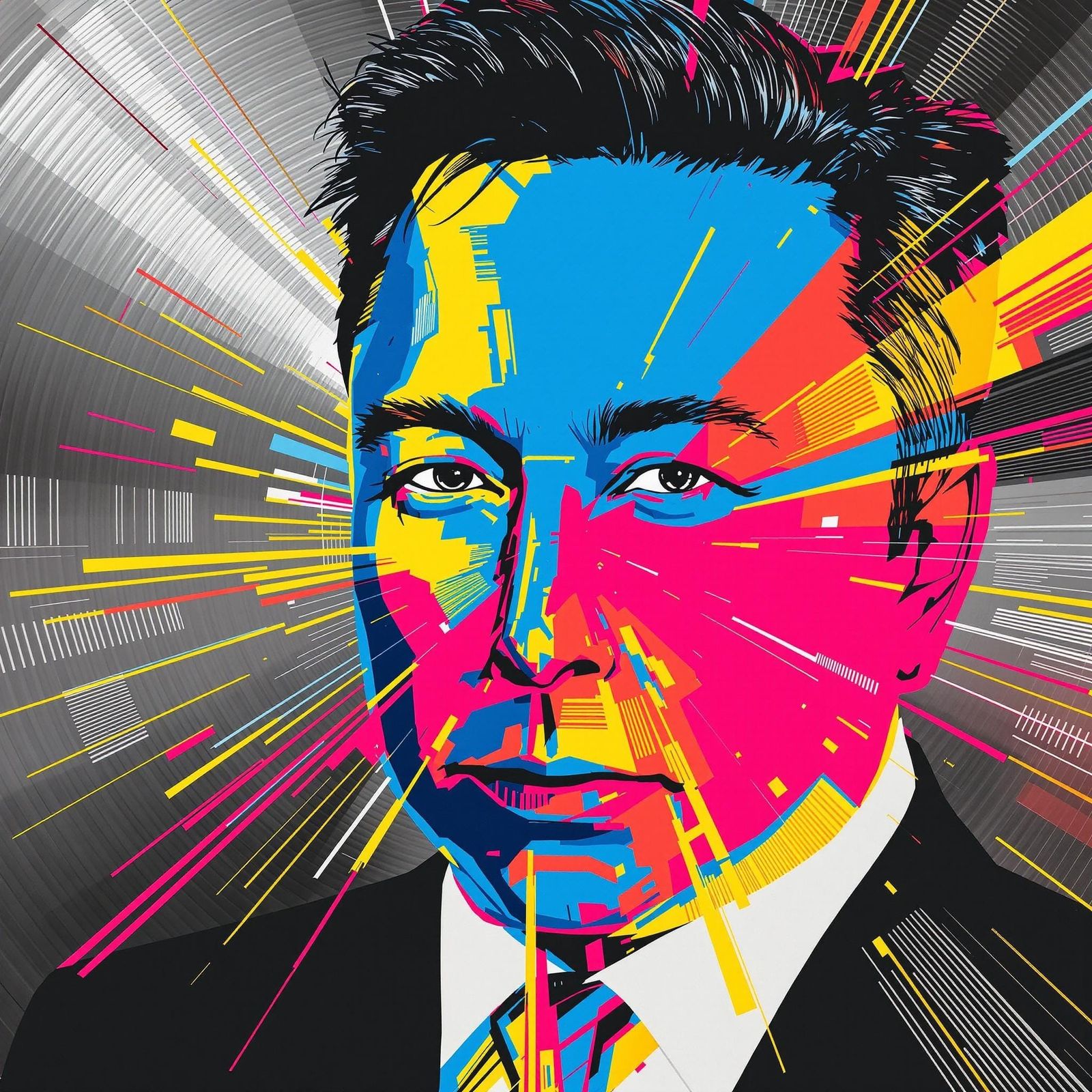 Bold Screen Print Portrait of Elon Musk in Futuristic Pop Ar...
