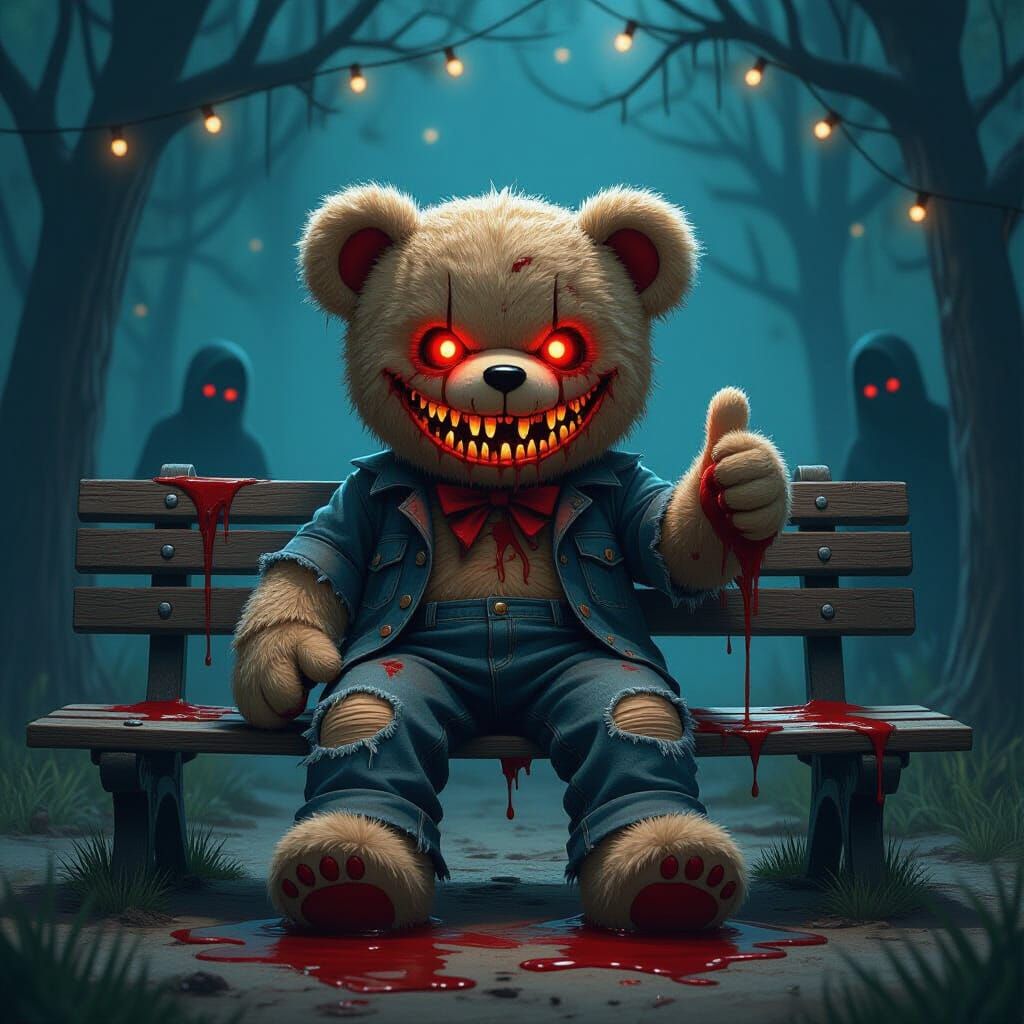 Creepy Teddy Bear Hitchhiker with Menacing Smile
