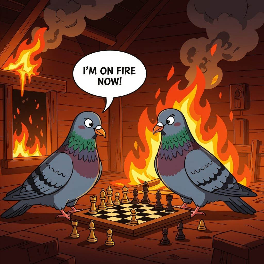 Pigeons Play Chess Amidst Burning House Chaos