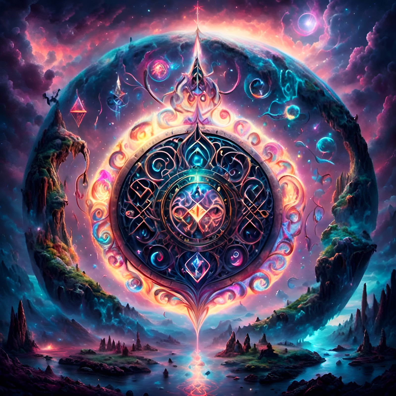 Magical Cosmic Landscape with Elemental Vortexes