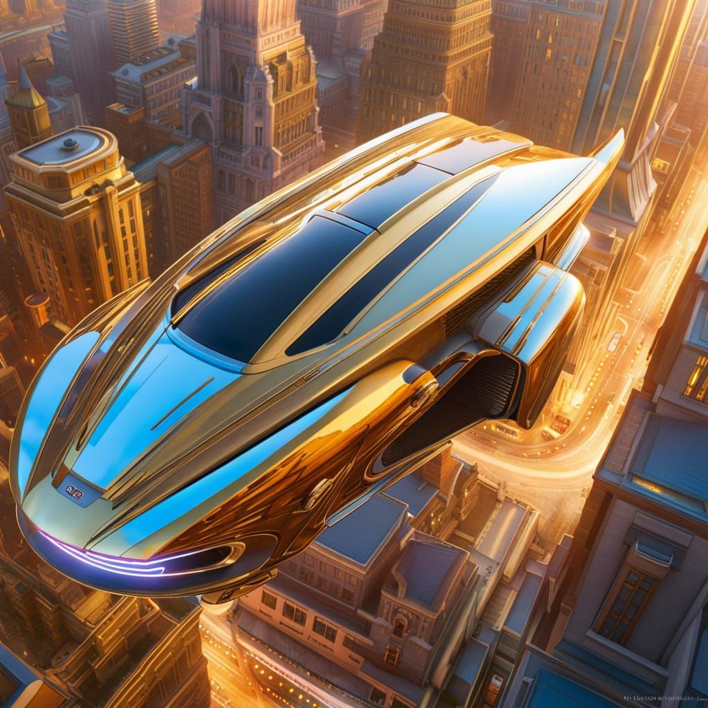Flying Car Over Futuristic City at Golden Hour