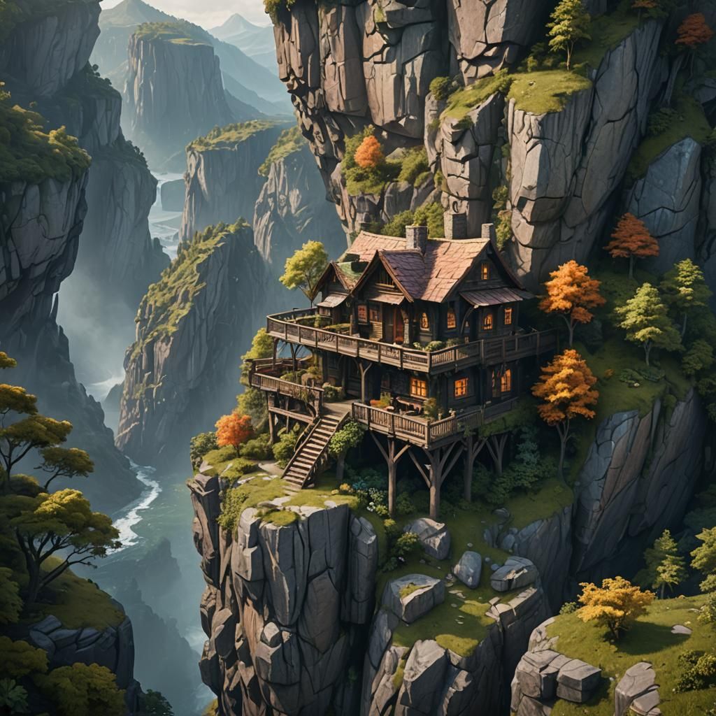 Cliffside Cabin in Nature: Detailed Matte Painting