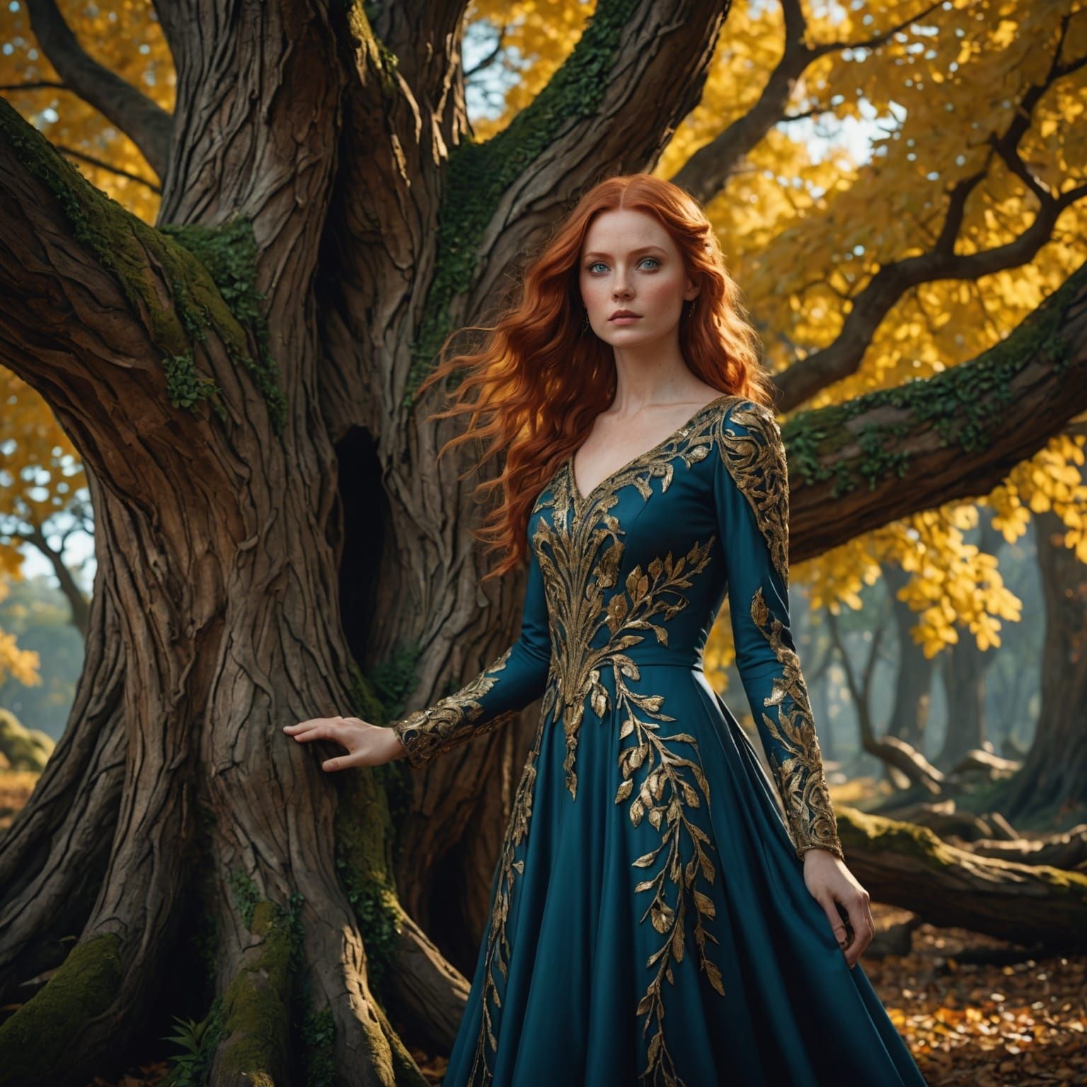 Woman in Gold Dress Beside Ancient Tree