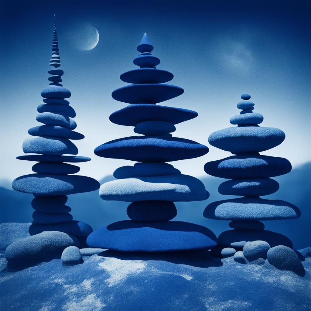 Cyanotype Photograph of Cairns with Prussian Blue Hues