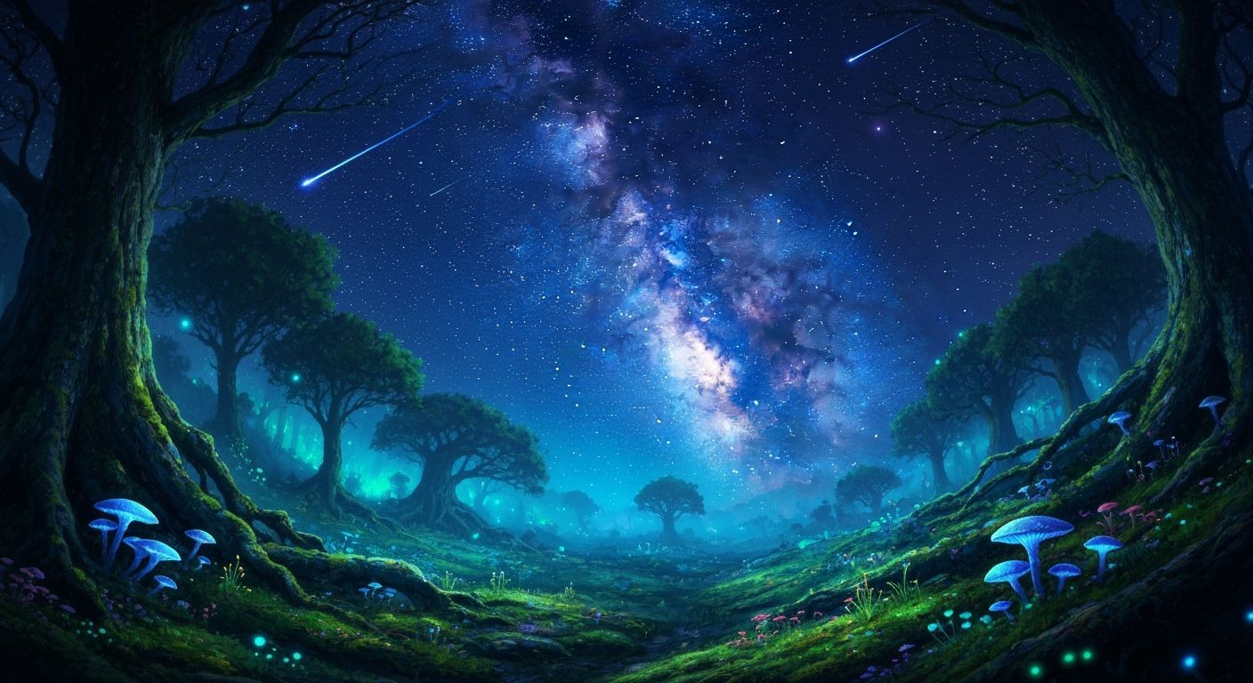 Mystical Forest Under Starry Night Sky