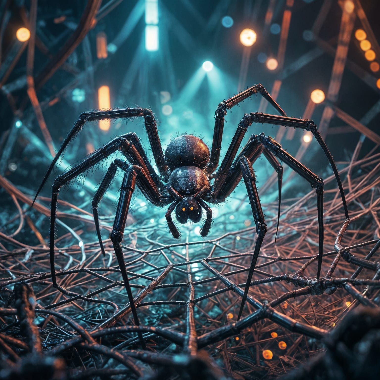 Steel Spider on Web with Techno Rave Vibes