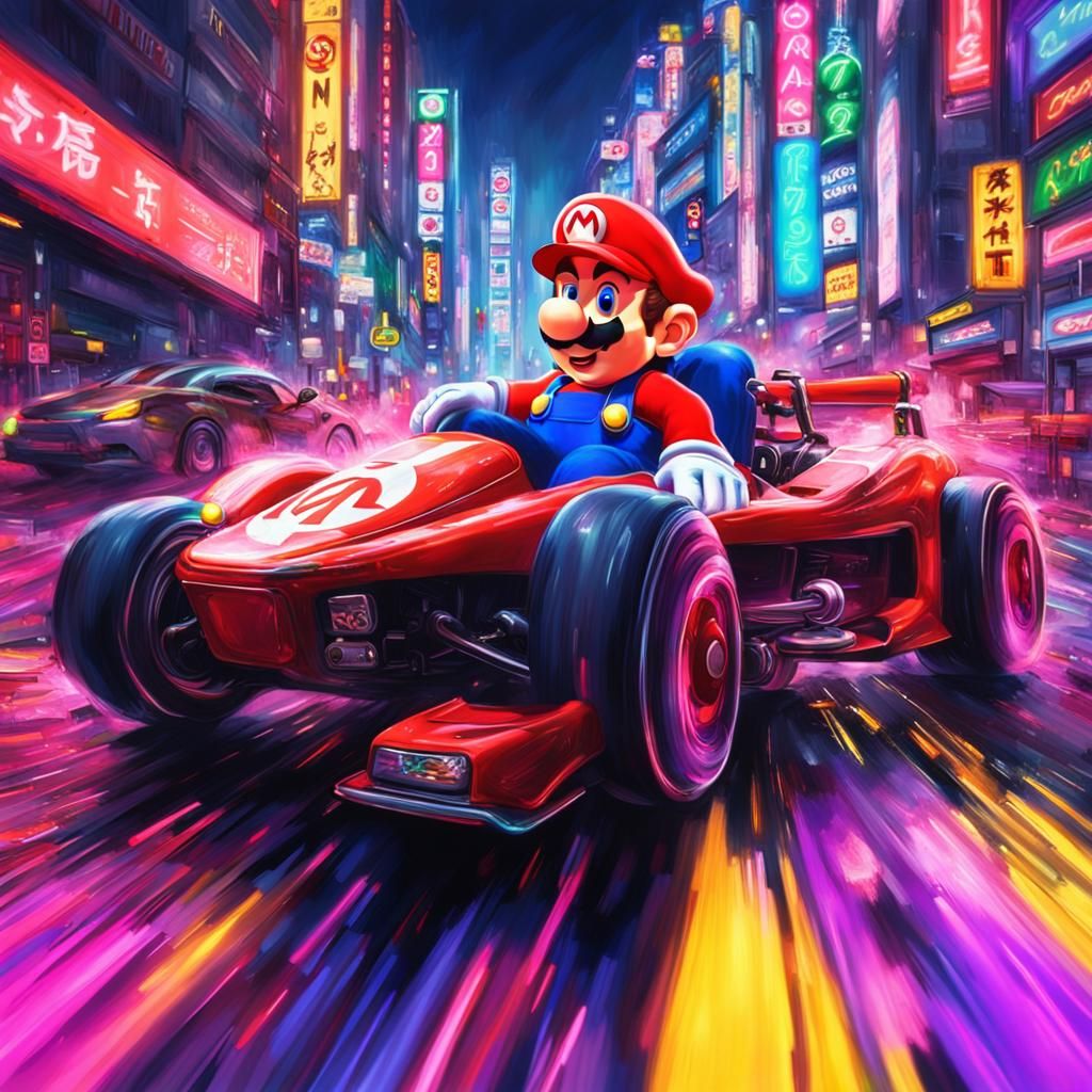 Mario Races Through Neon Tokyo: Hyperrealistic Art