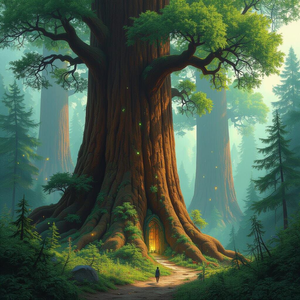 Colossal Redwood Forest with Bioluminescent Creatures