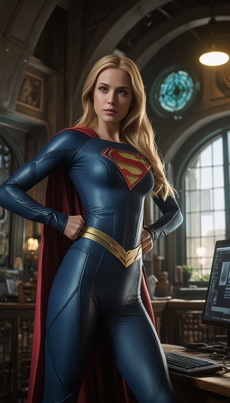 The image features a supergirl, wearing a latex form-fitting blue suit emblazoned with a red and yellow emblem on the ch...