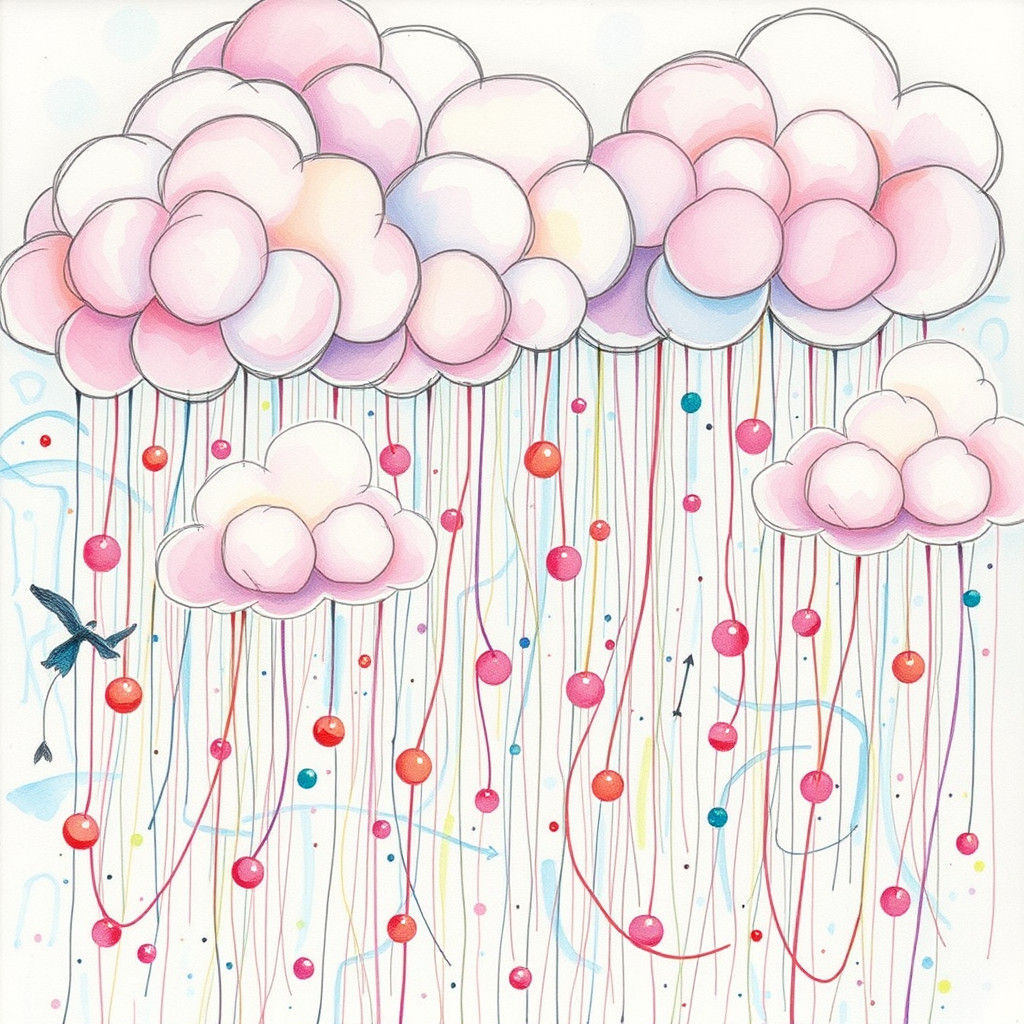 Whimsical Clouds Raining Doodles: Dreamy Watercolor Illustra...