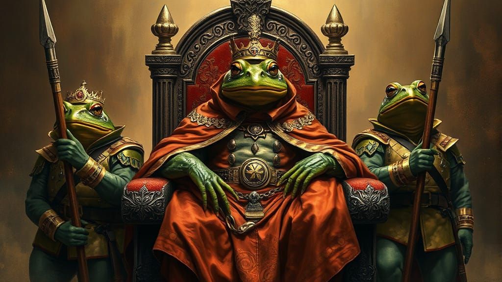 Frog Emperor in Royal Splendor with Uniformed Guards