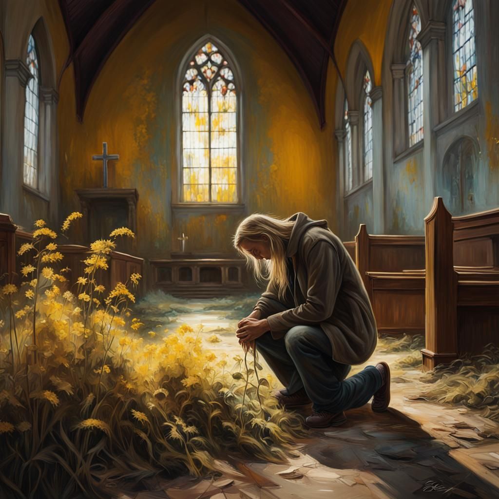 Desolate Figure in Overgrown Church: Hyperrealistic Oil Pain...