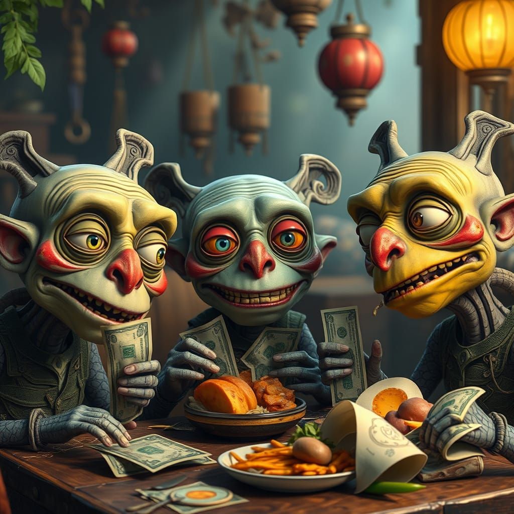 Sentient Money Enjoying Lunch in Whimsical Setting