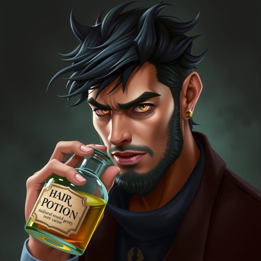 Handsome black-haired adult man with golden wolf eyes, sprouting hair, drinking a potion with the label, "Hair Growth Po...