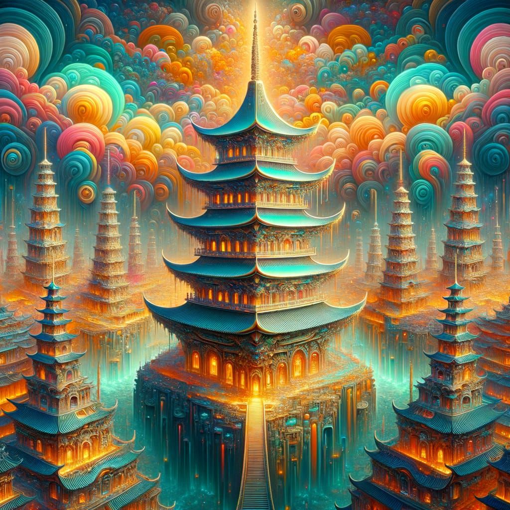 Majestic Illuminated Pagoda in Surreal Cityscape