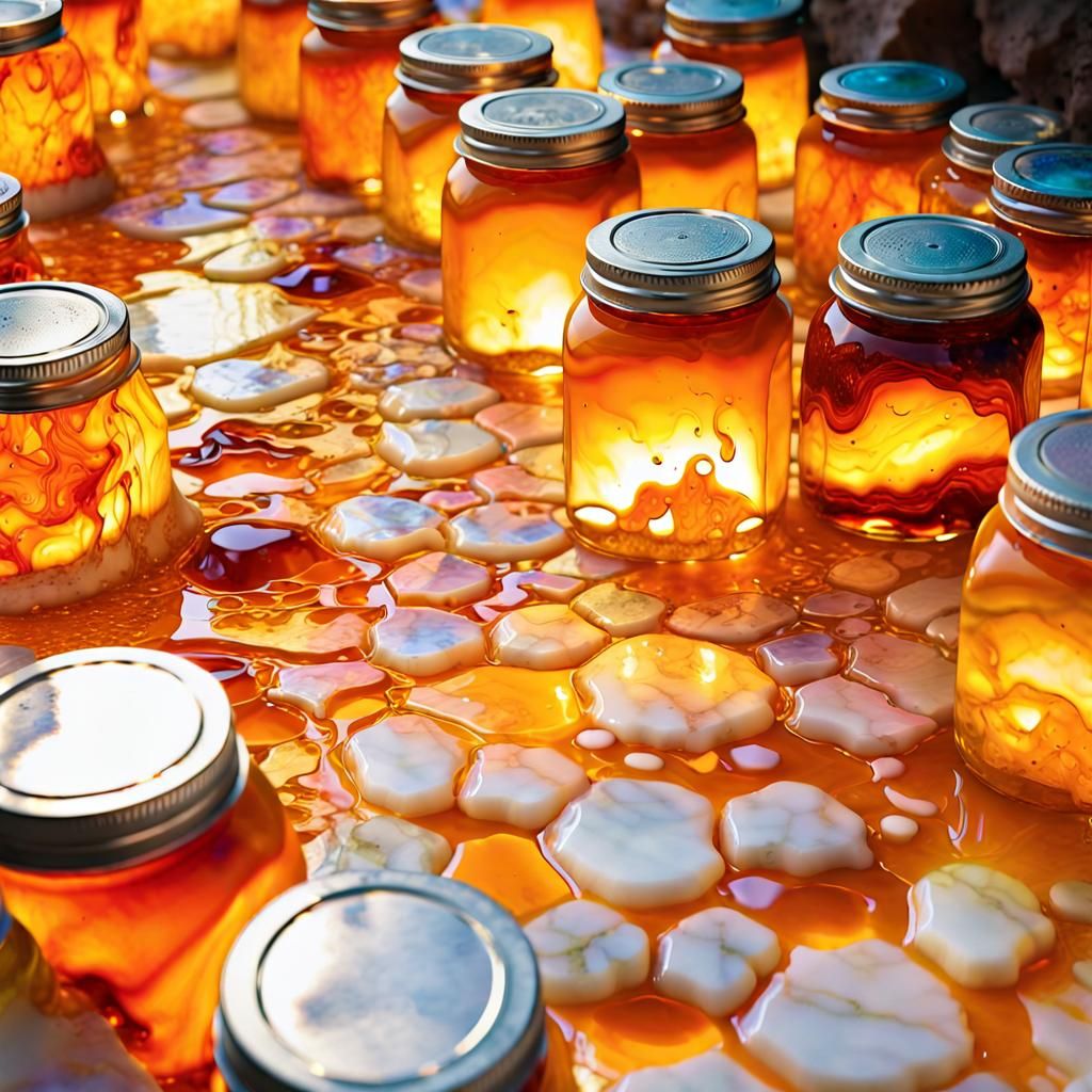 Intricate Honey Jars on Marble Table