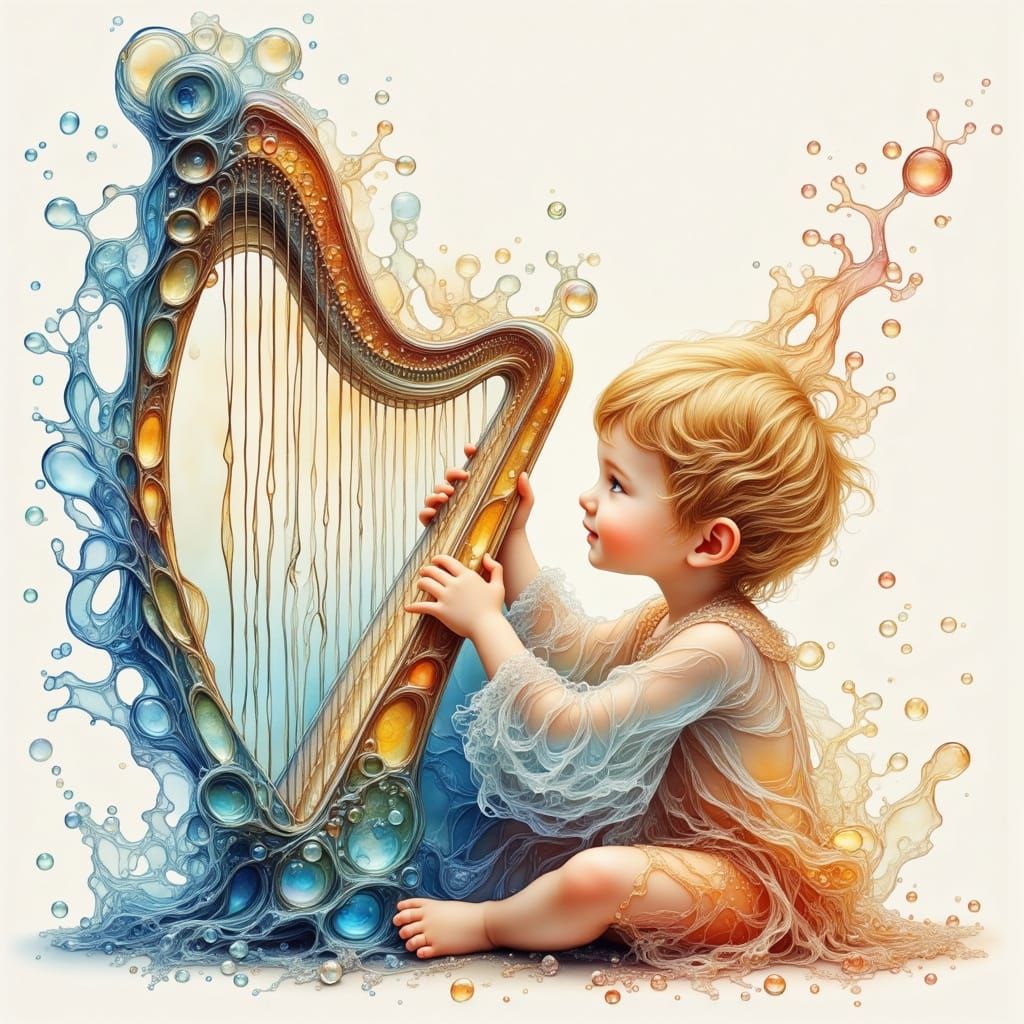 Blond Boy Plays Crystal Harp in Watercolor Style