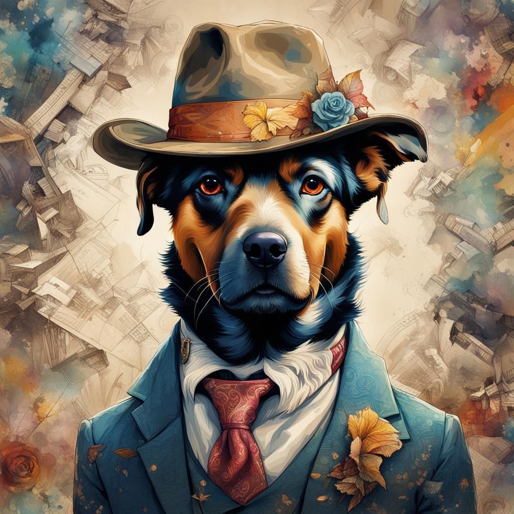 Dog Portrait with Fedora in Whimsical Style