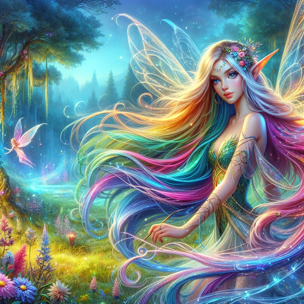 Enchanting Elf with Colorful Hair in Magical Meadow