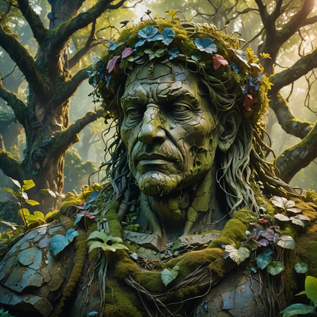 Decaying Stone King in Overgrown Garden: Fantasy Art