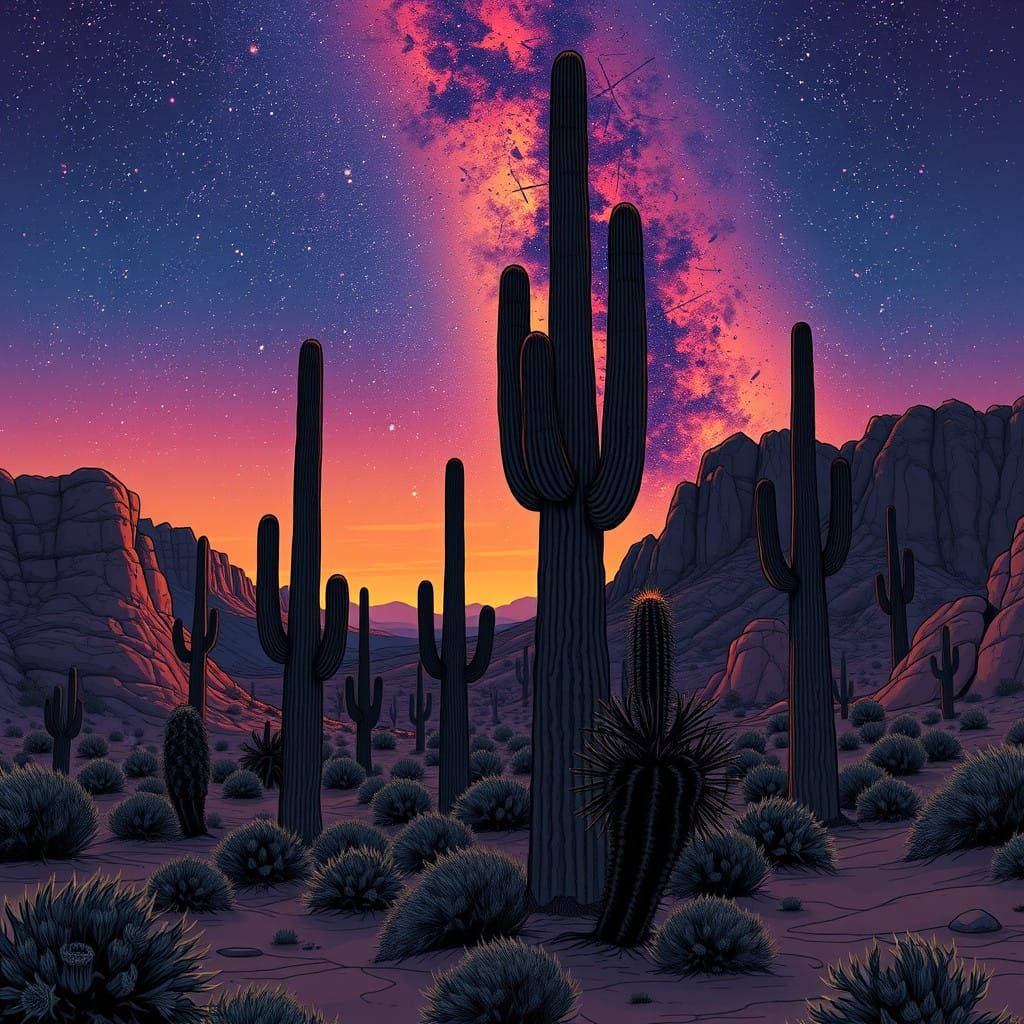Silhouetted Cacti Under a Vibrant Night Sky in a Graphic Nov...