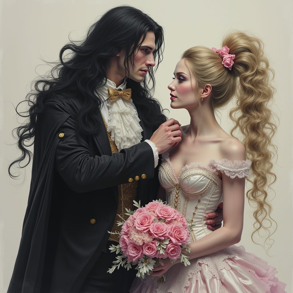 Elegant Vampire King with Bride in Charcoal Drawing Style