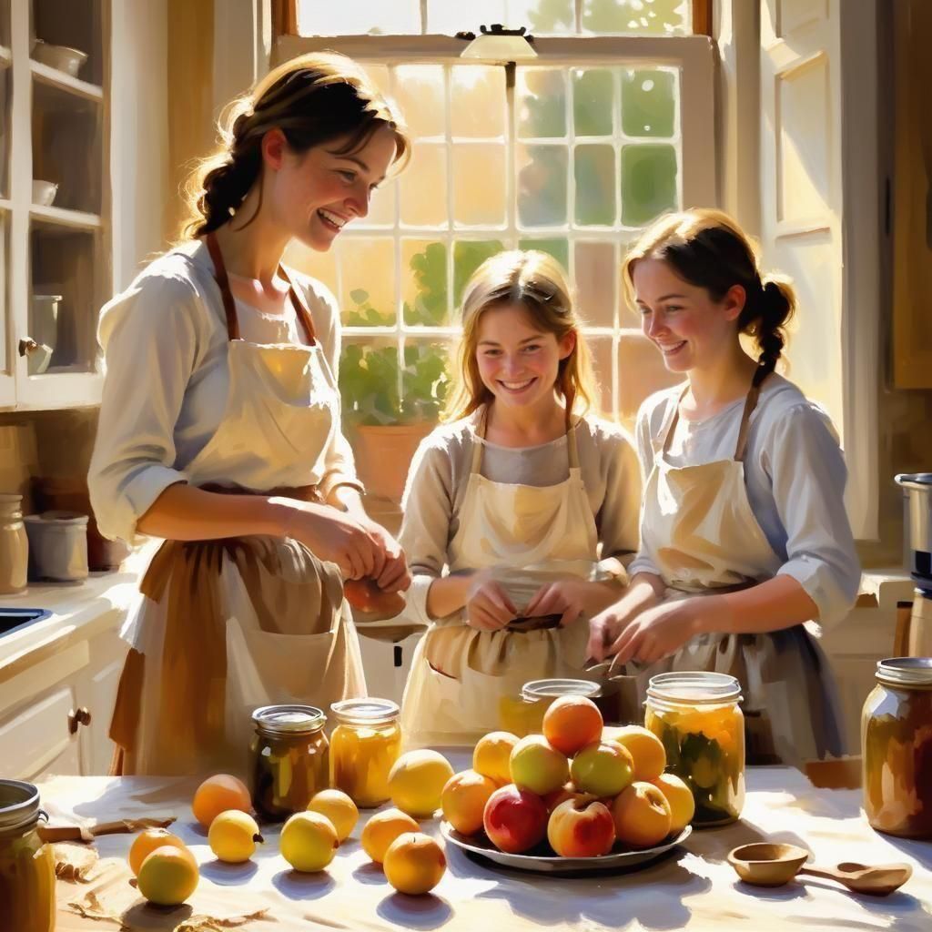 Homesteading Family Canning Fruit: An Impressionist Scene