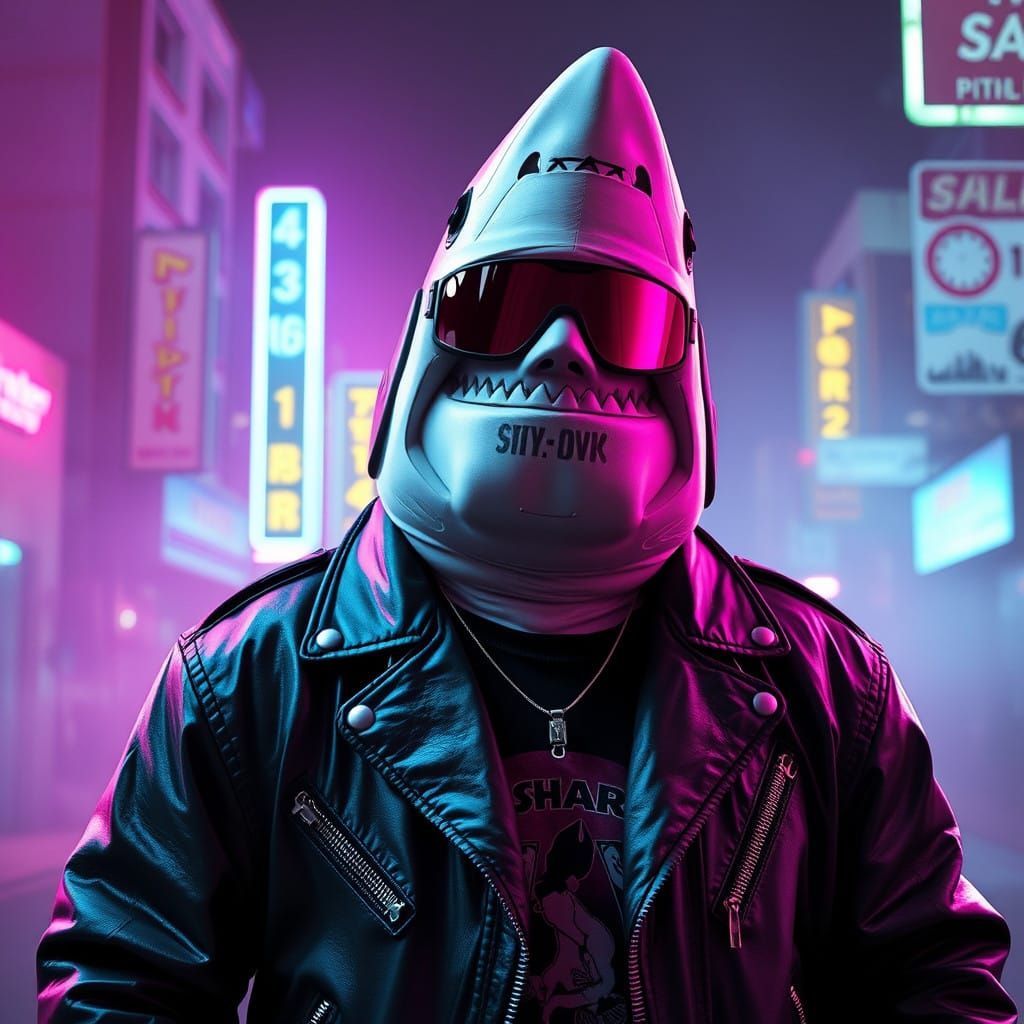 Neon Cyberpunk Street Shark in Leather Jacket