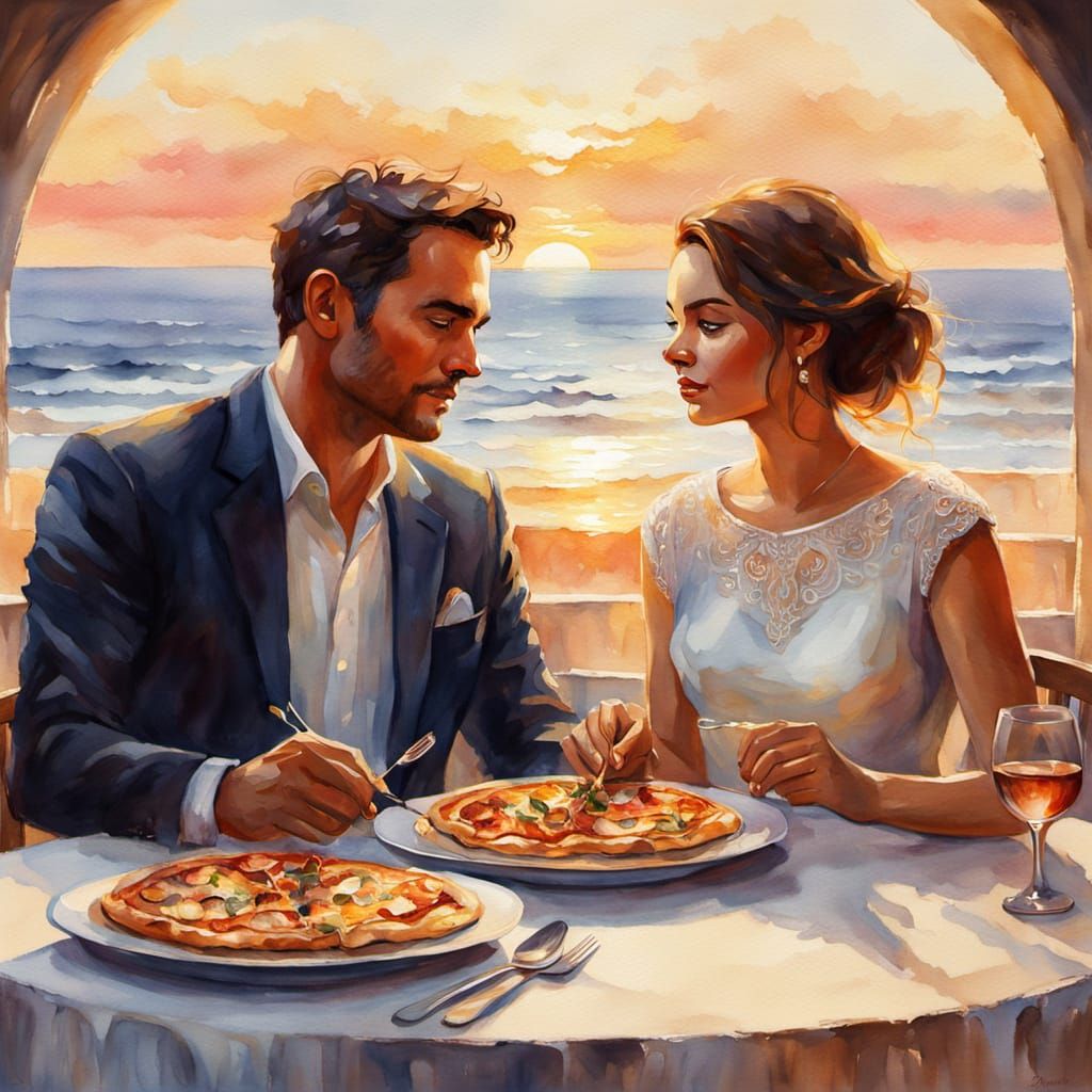 Romantic Golden Hour Dinner for Two, Watercolor Style