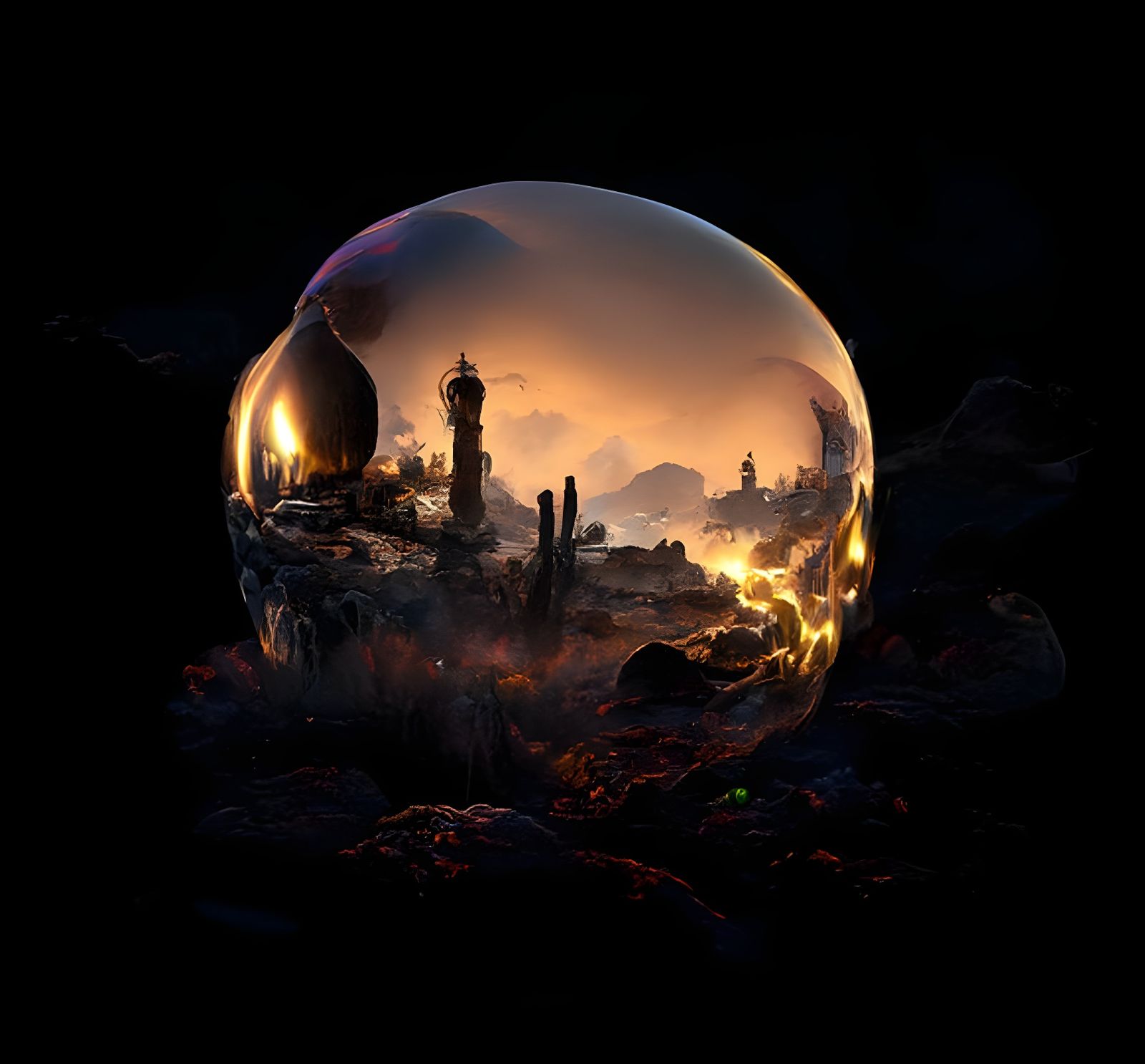 Desert Ruins in Glowing Orb: Surreal Digital Art