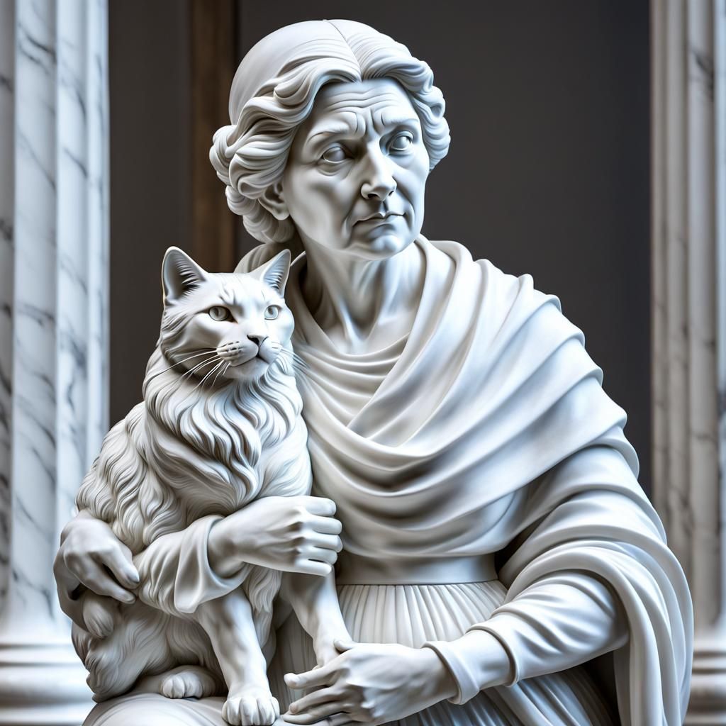 Grandma and Cat Marble Sculpture in Michelangelo Style
