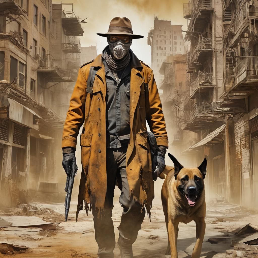 ‘Fallout’‘western ghoul’ with a hat, walking with a Malinois...