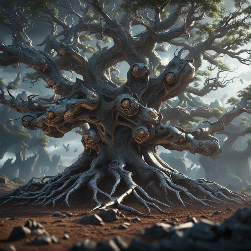 Futuristic Genealogy Tree with Intricate Mech Roots