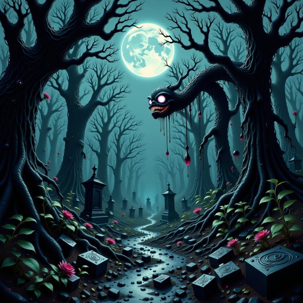 Dark Fantasy Graveyard Shop with Fae Monster