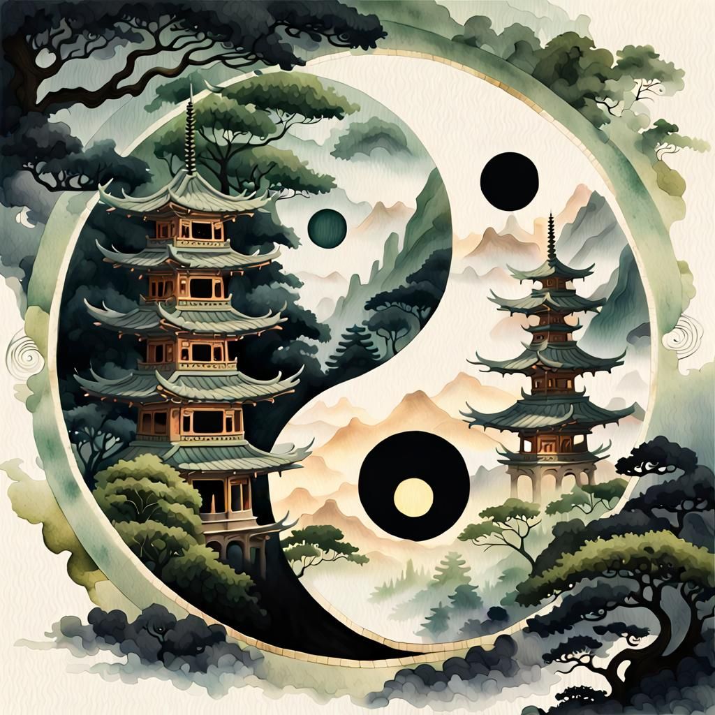 Ethereal Silkpunk Pagoda in Harmony with Nature