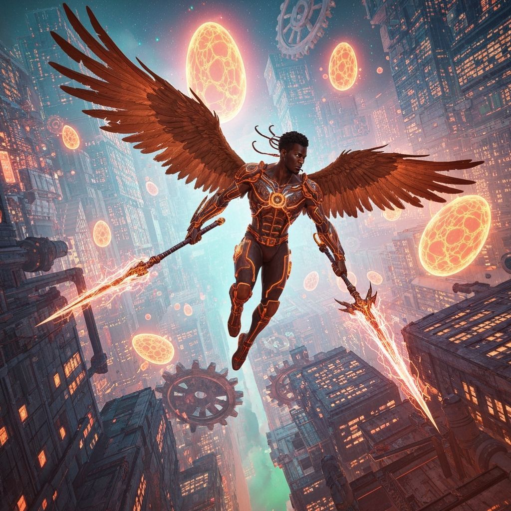 Winged Warrior Soaring Through Cyberpunk Cityscape