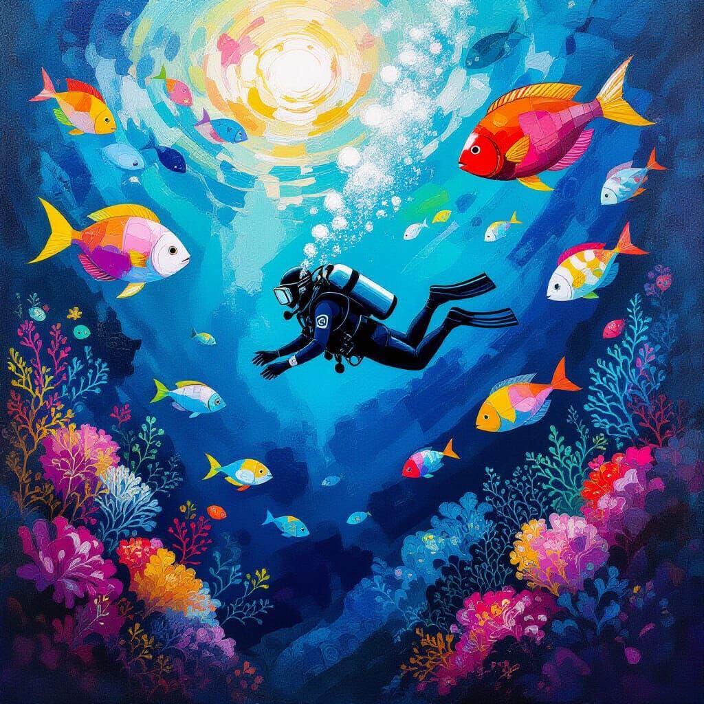 Abstract Deep Sea Diver Among Fantastical Fish