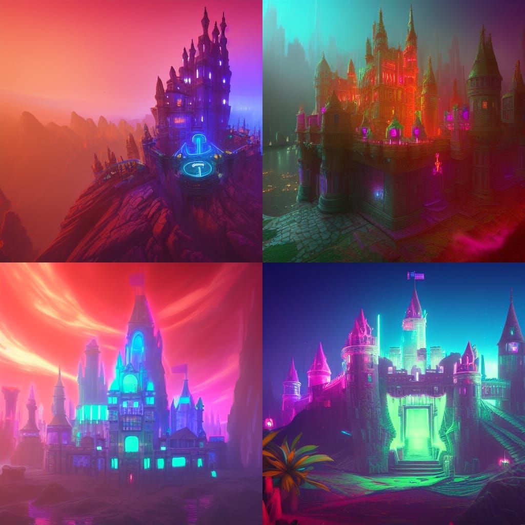 Fantastical Neon Castle in Detailed Matte Painting Style