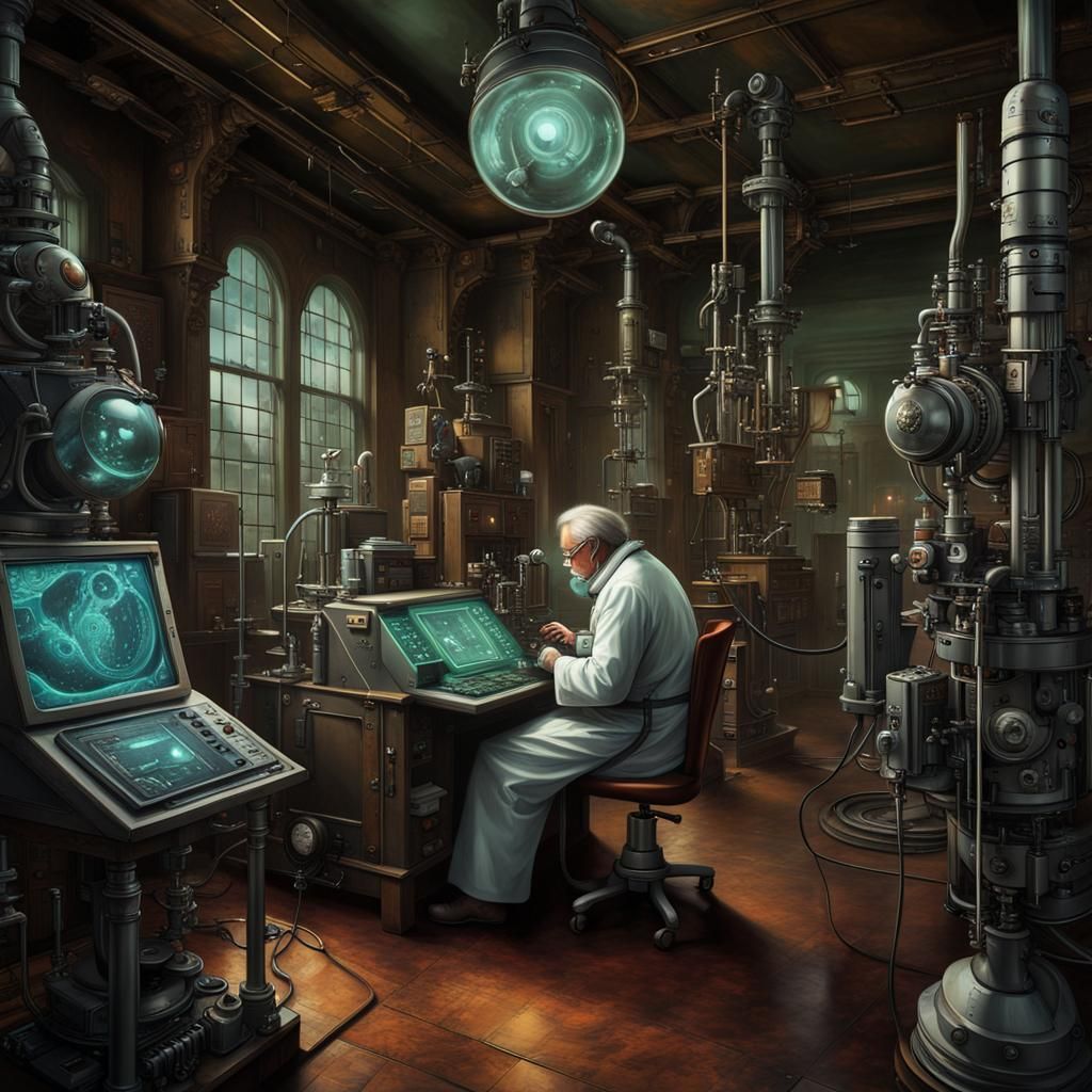 Mad Scientist in Victorian Cyberpunk Laboratory