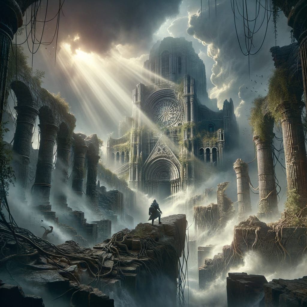 Knight Overlooks Cathedral Ruins in Digital Painting