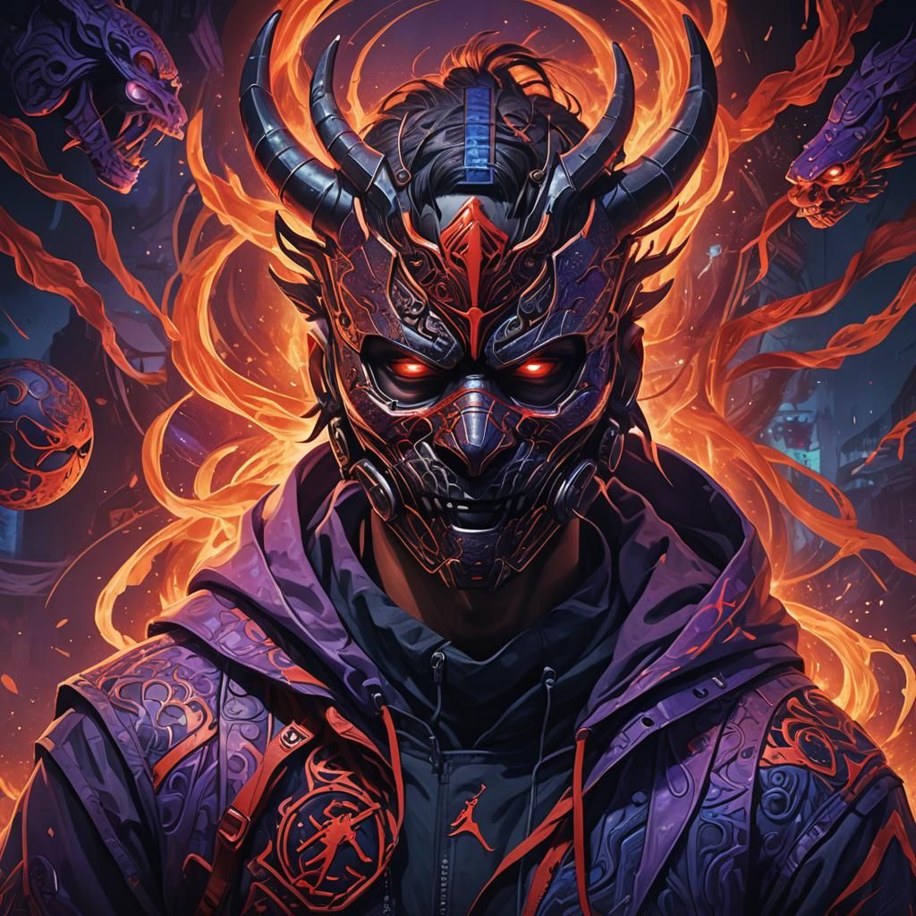 Oni Masked Figure Surrounded by Red Energy