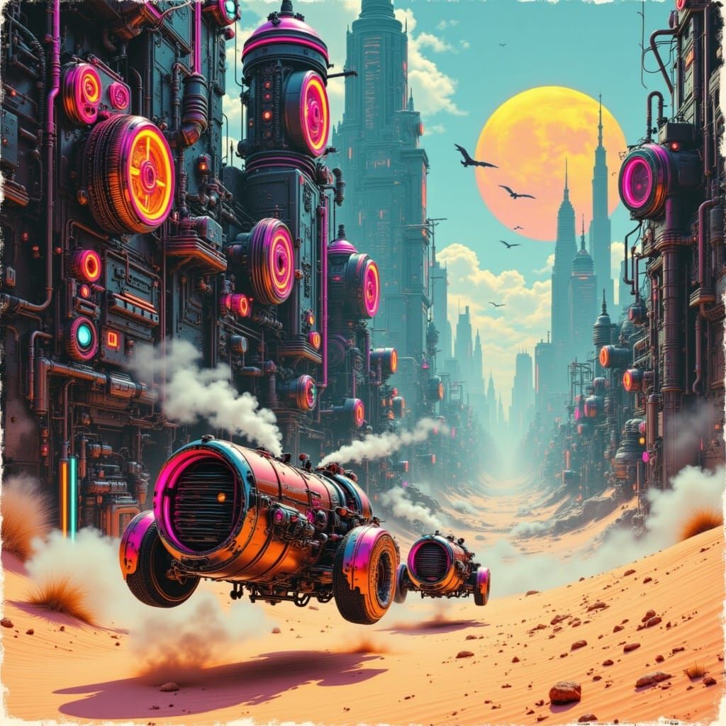 Steampunk City with Clockwork and Neon Pipes