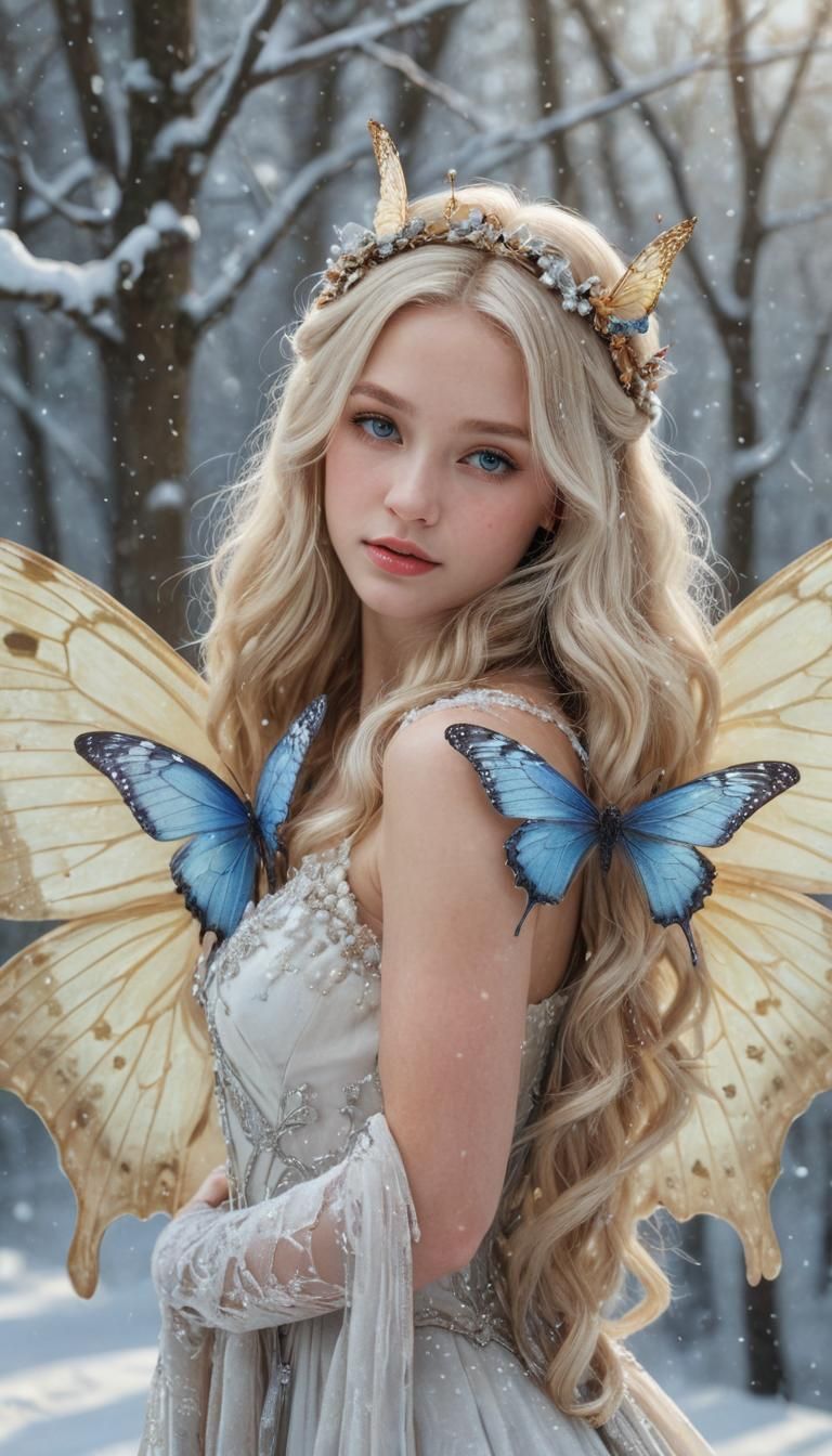 Winter Fairy Queen with Butterfly Wings in Snow