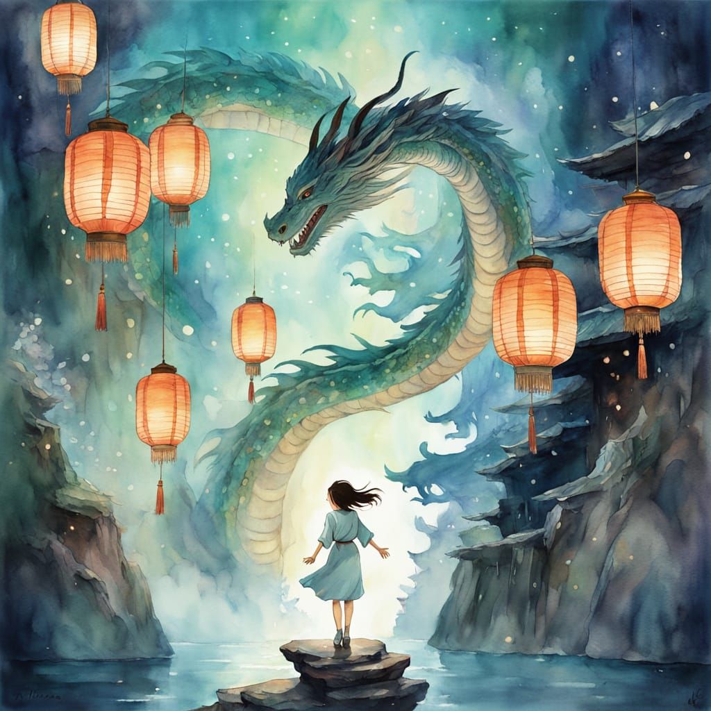 Spirited Away Movie Poster: Dragon and Girl in Ethereal Spir...