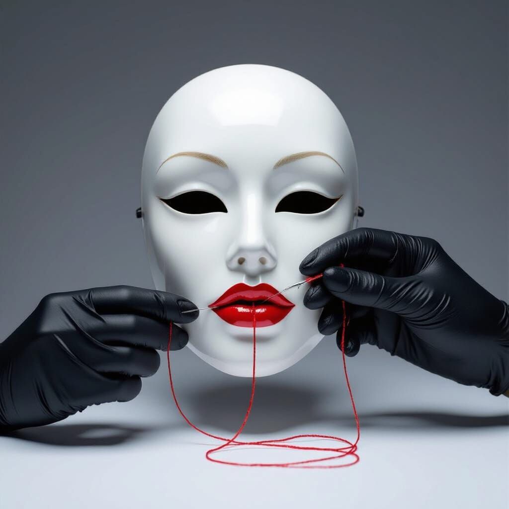 Surreal Lips Sewn onto Mask in Dramatic Lighting