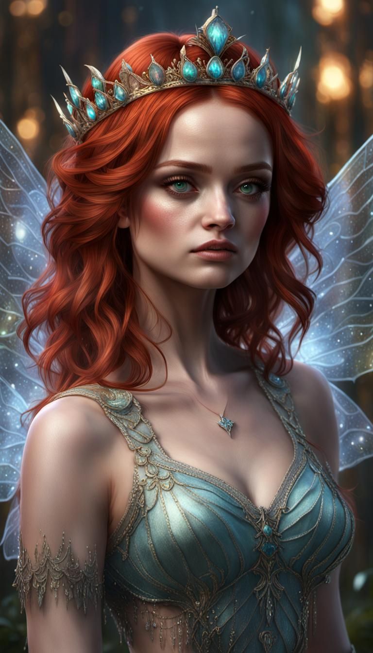 Red-Haired Fairy Portrait with Crown and Wings