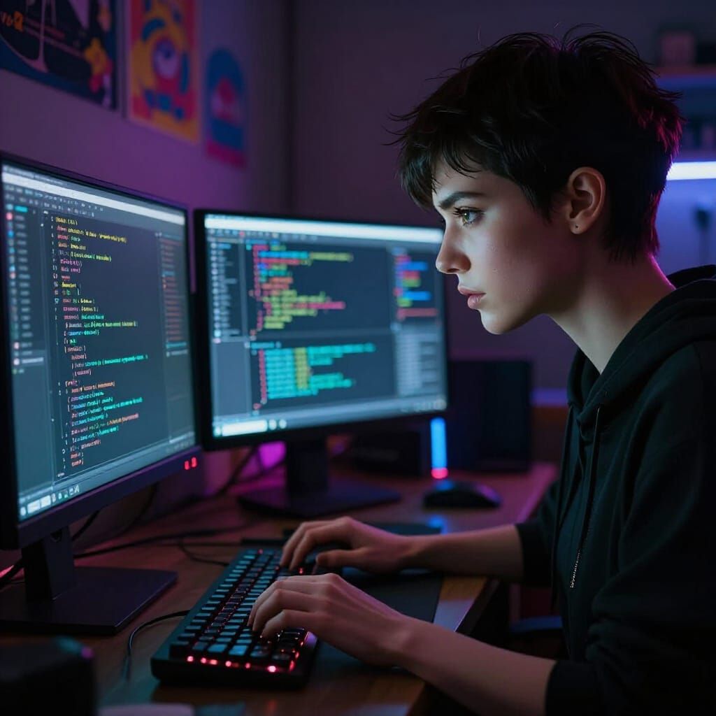 Cyberpunk Programmer Lost in Code on Illuminated Monitors